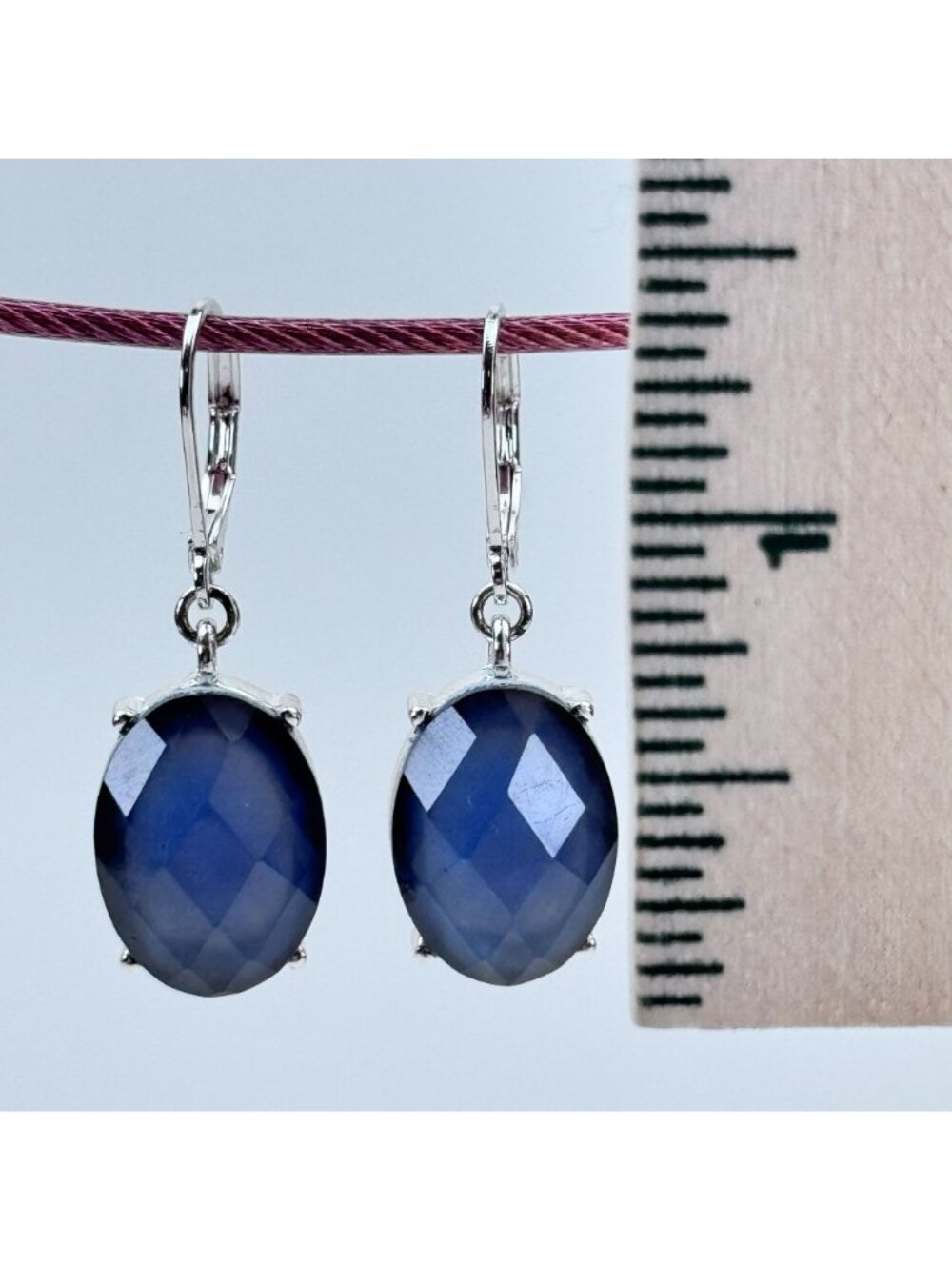 Napier Oval Faceted Blue Gem Leverback Drop Earrings 1.5" Silver-Tone Setting - Picture 7 of 9